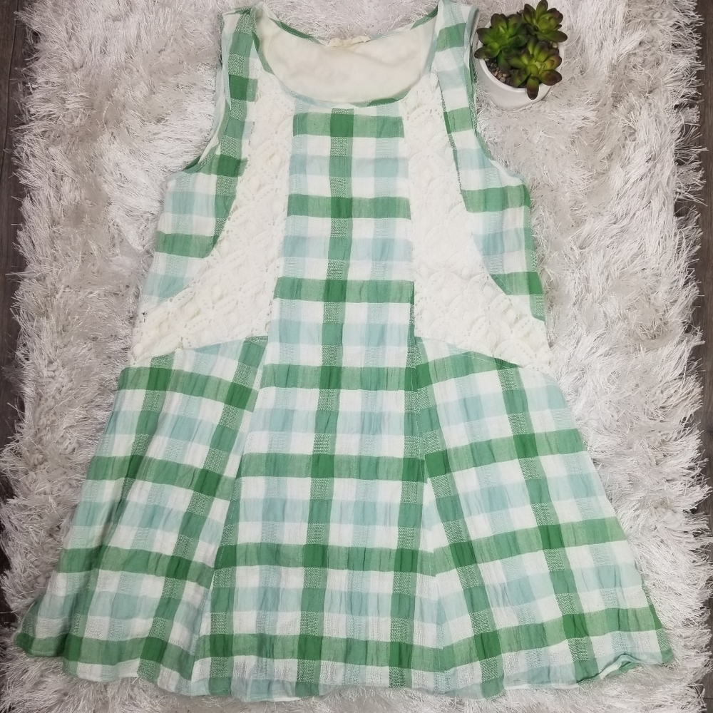 Entro Sleeves Lace and Green Gingham Dress S